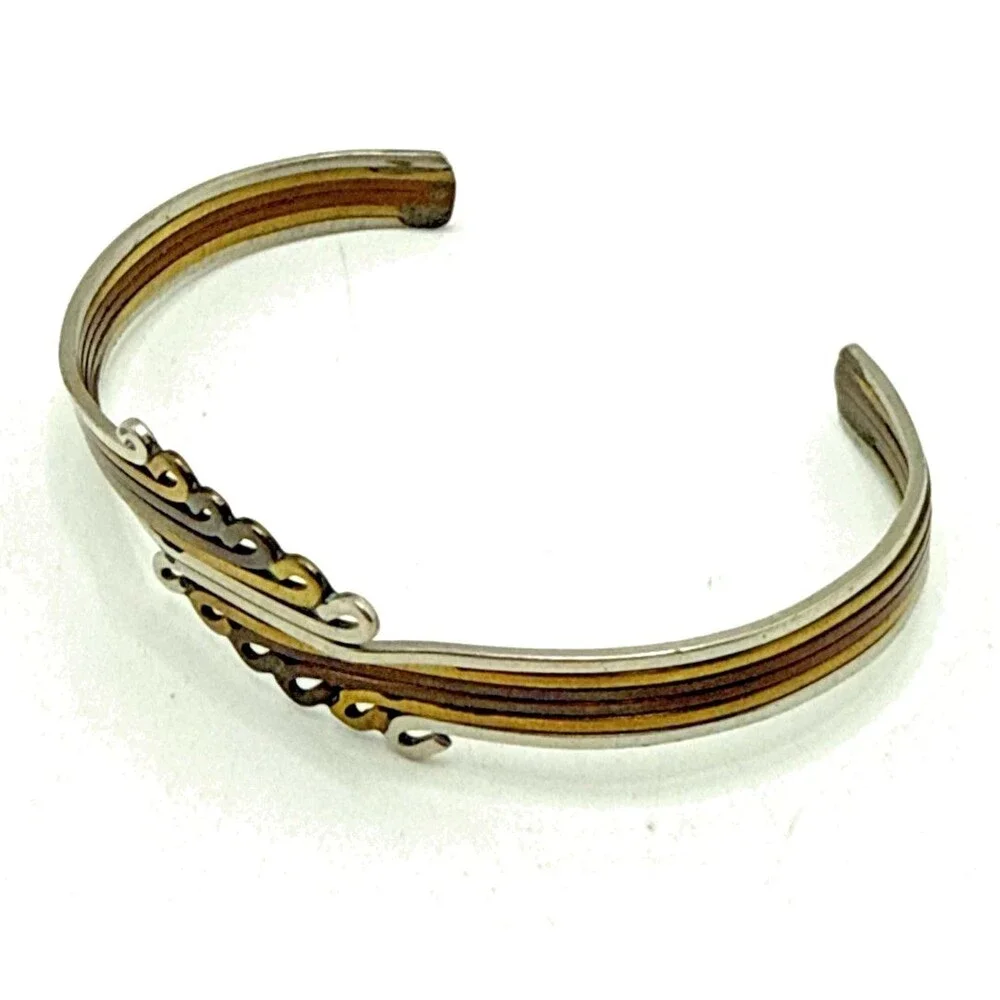 Vintage Tri Color Copper Brass Silver Tone Cuff Bracelet 7.5